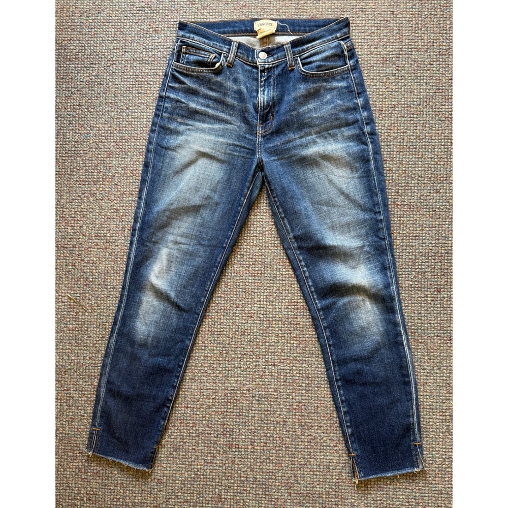 L'AGENCE Slim High Rise Diamond Nicoline Jeans Raw Hem Side Slit 27 Medium Wash